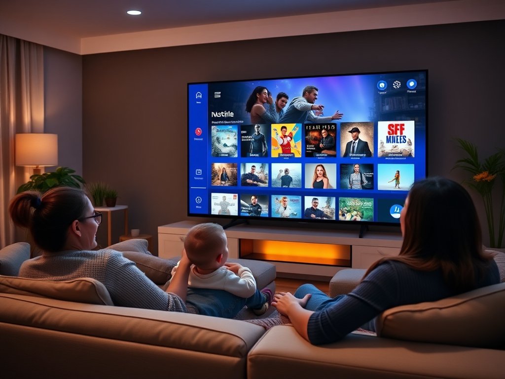 A diverse group of people comfortably watching movies on a large smart TV, with the Smarters Player Lite interface clearly visible on the screen, showing various content categories.