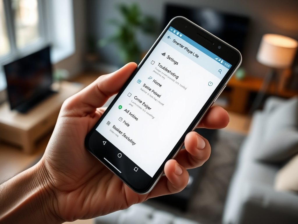 A hand holding a smartphone displaying the Smarters Player Lite app's settings menu, with options for troubleshooting and optimizing playback, against a blurred background of a living room.