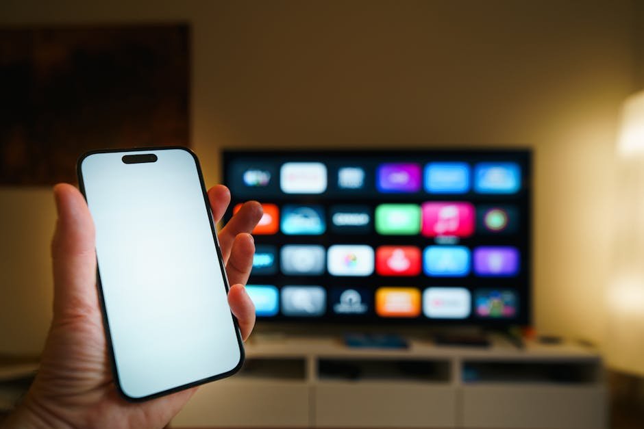 Smartphone screen mirroring IPTV content to Roku TV in modern living room