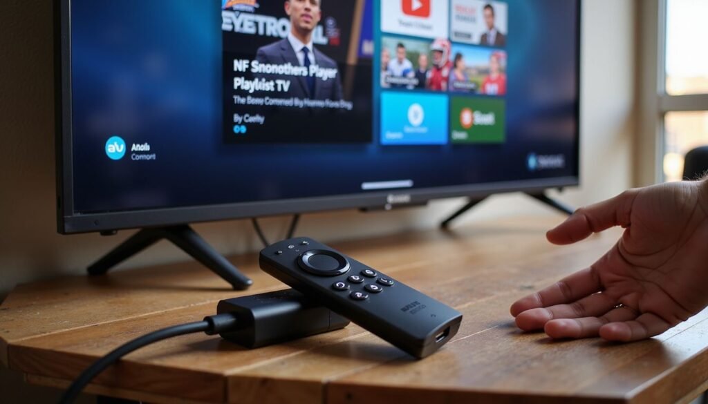 How to watch out-of-market NFL games without cable or YouTube TV — A close‑up of a Firestick connected to a 4K TV showing the Smarters Player Lite interface with an NFL game playli