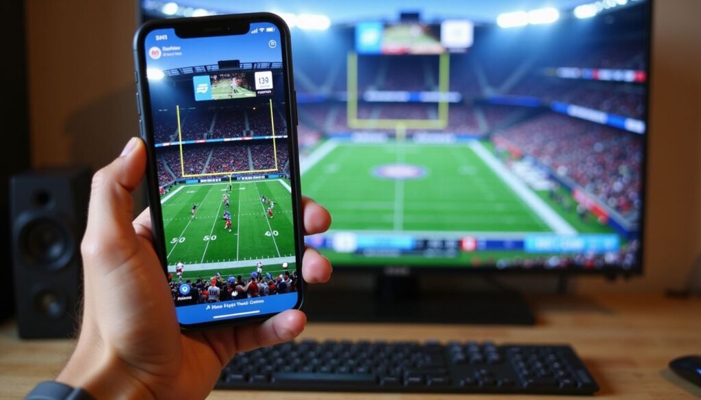 How to watch out-of-market NFL games without cable or YouTube TV — Smartphone screen running Smarters Player Lite app with NFL+ VPN‑protected stream playing a live out‑of‑market ga